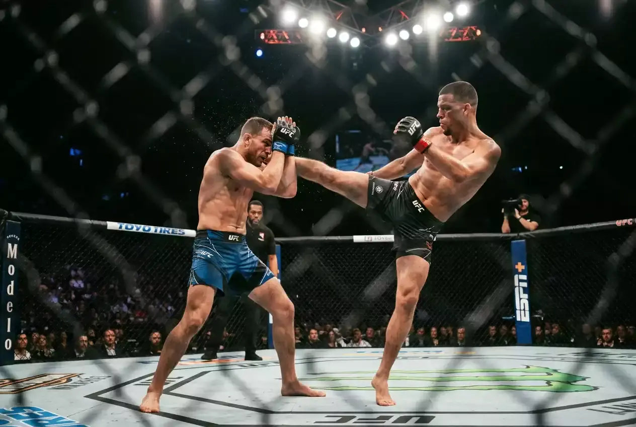 Intensive MMA Kampfaktion mit Kick-Technik im UFC Octagon