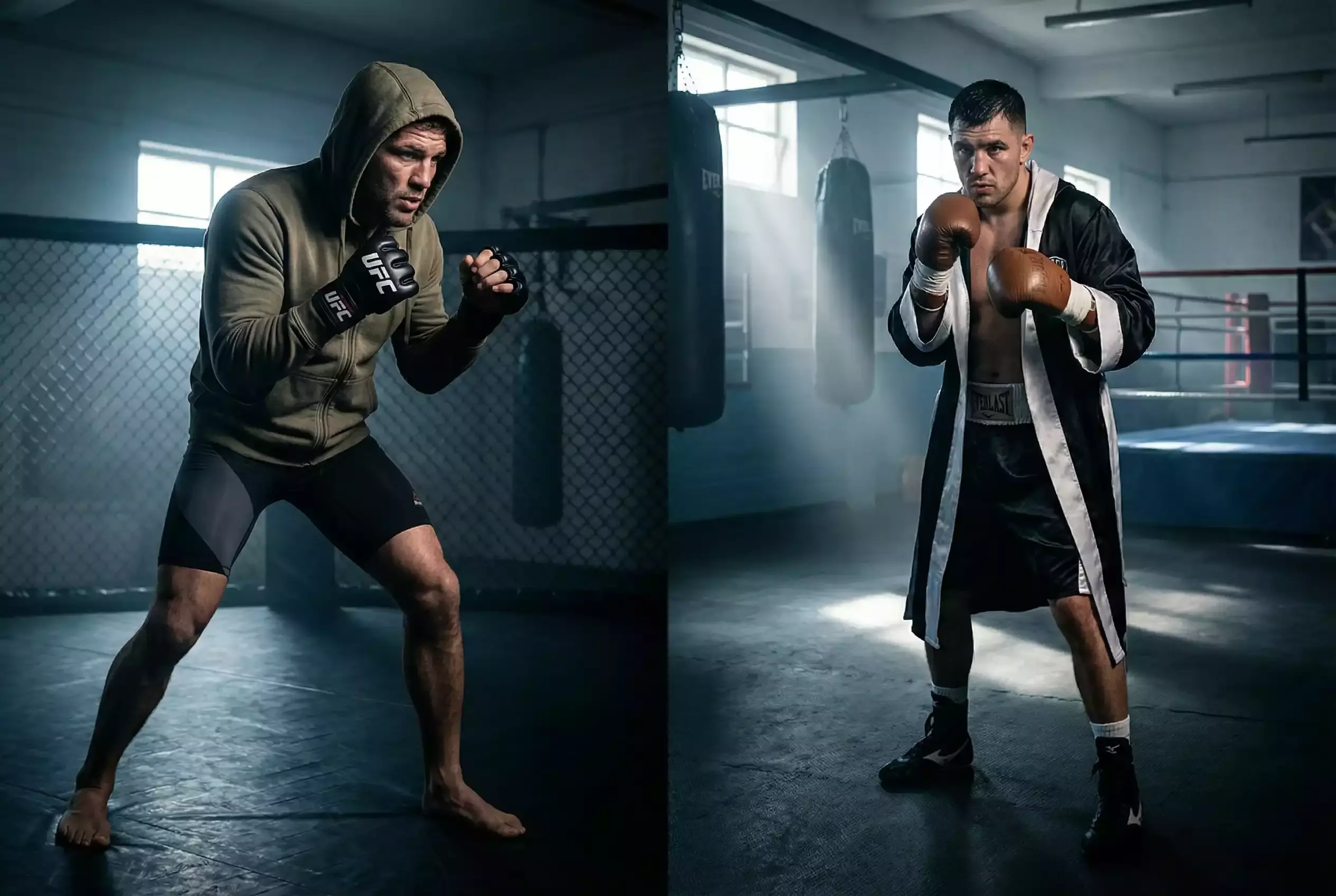 Gegenüberstellung eines MMA-Kämpfers und eines Boxers in Kampfhaltung