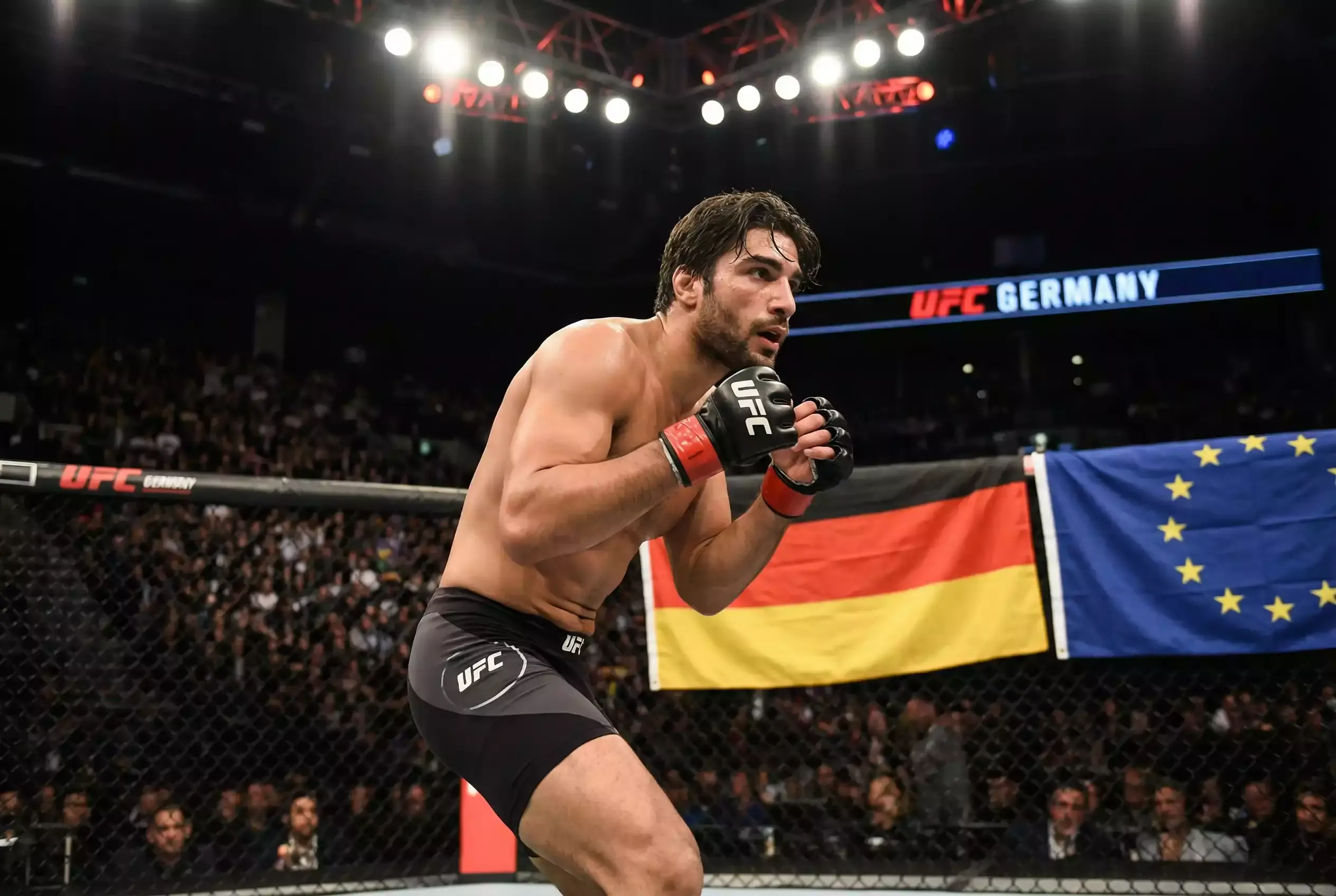 MMA-Kämpfer im Octagon mit deutscher und europäischer Flagge im Hintergrund