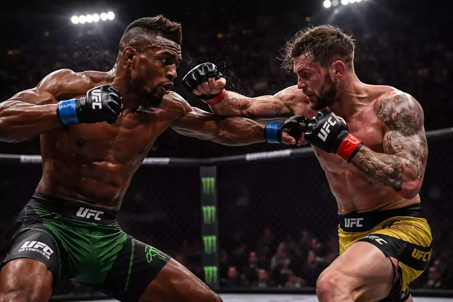 Zwei MMA-Kämpfer im intensiven Schlagabtausch im Octagon