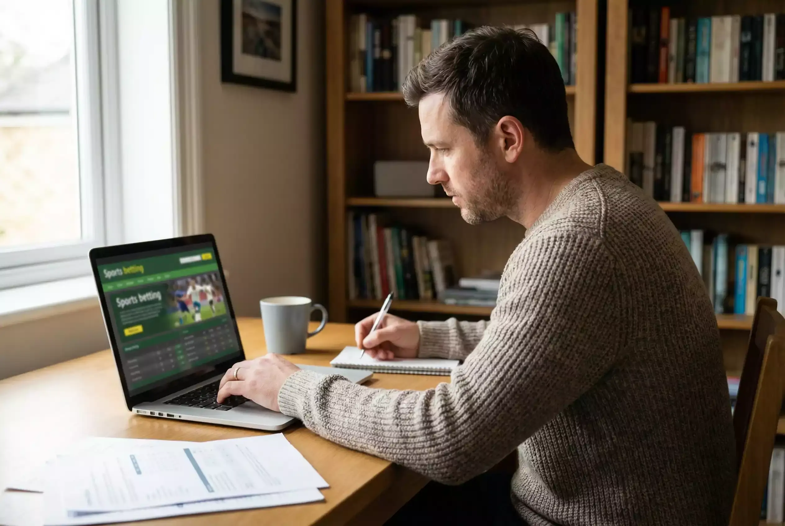 Person recherchiert Sportwettenanbieter am Laptop