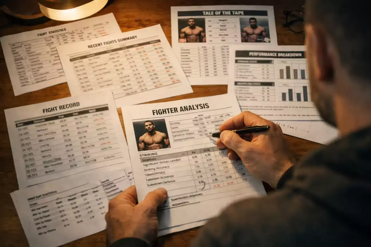 Person studiert MMA-Kampfstatistiken auf einem Dokument