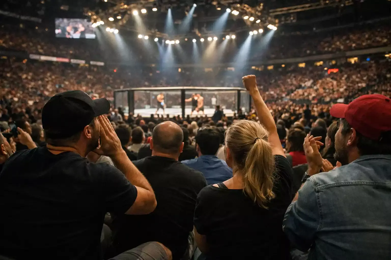 Zuschauer verfolgen gespannt einen MMA-Kampf in der Arena
