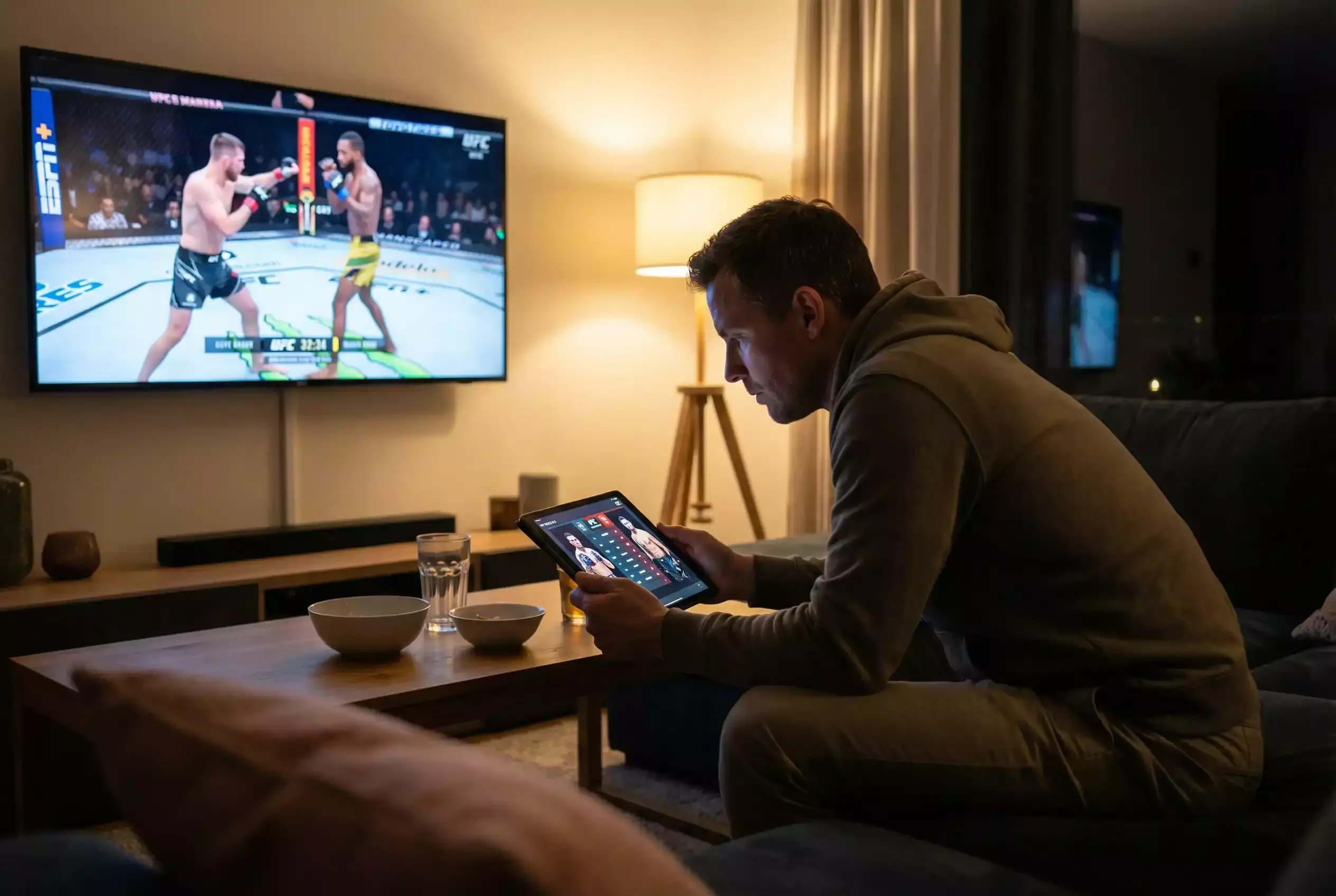 Person verfolgt einen MMA-Kampf auf dem Fernseher mit Tablet in der Hand