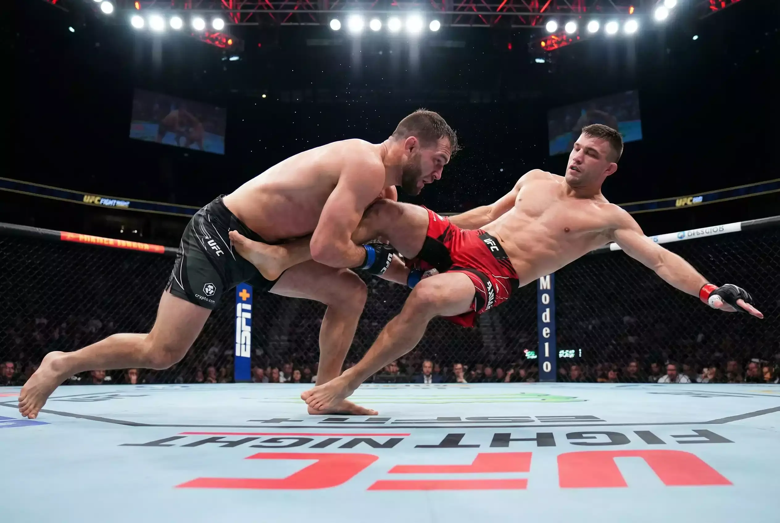 Zwei MMA-Kämpfer in Aktion, Standkampf gegen Bodenkampf