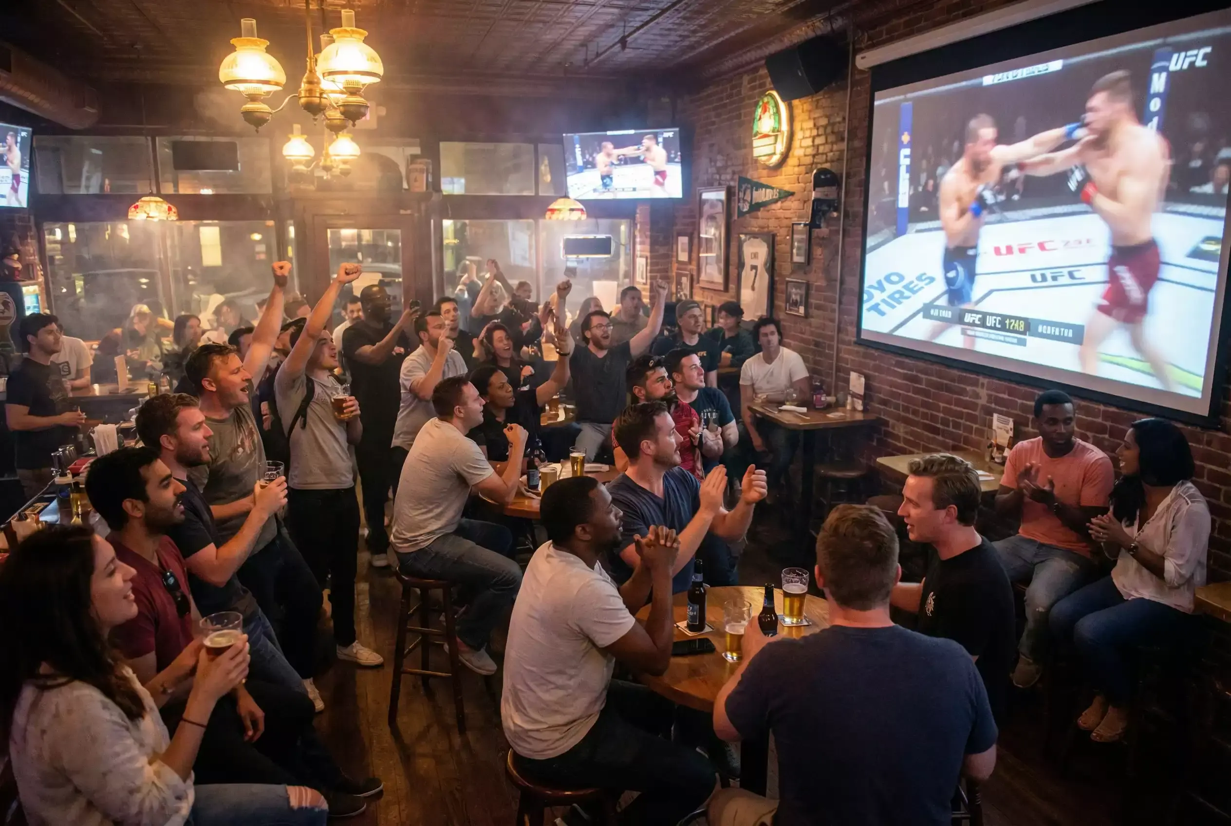 MMA-Fans verfolgen gemeinsam einen UFC-Kampf in einer Bar