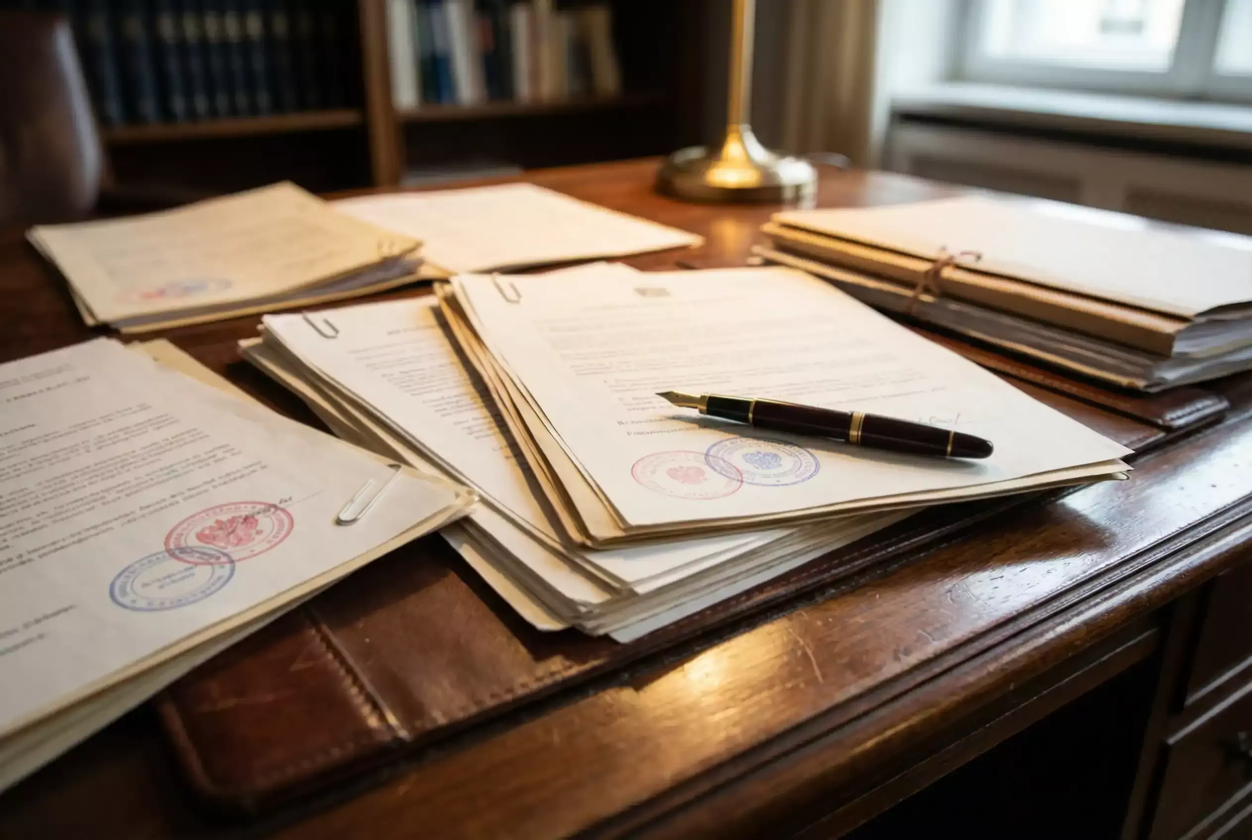 Offizielle Dokumente und Gesetzestexte auf einem Schreibtisch