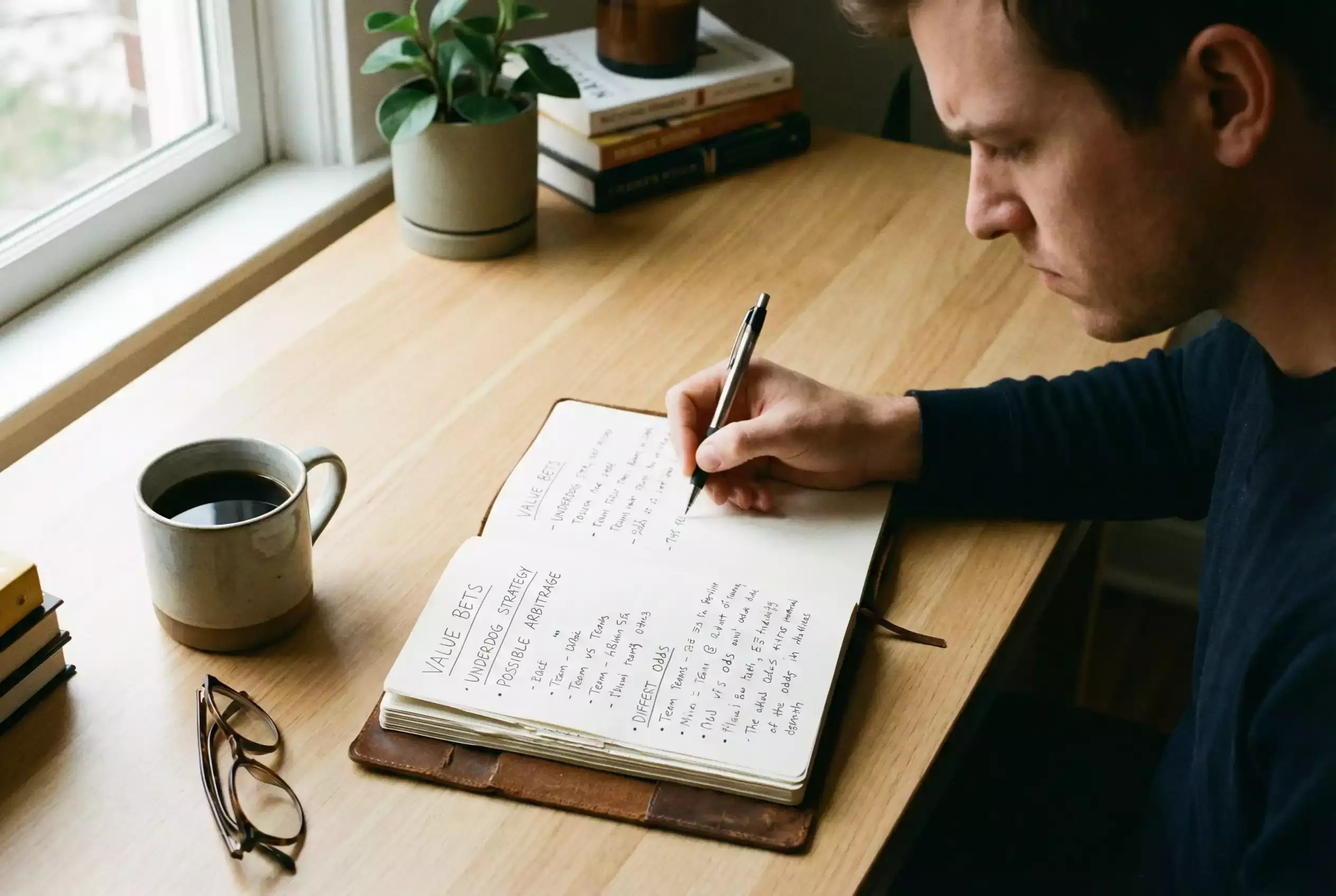 Person macht strategische Notizen zur Wettplanung