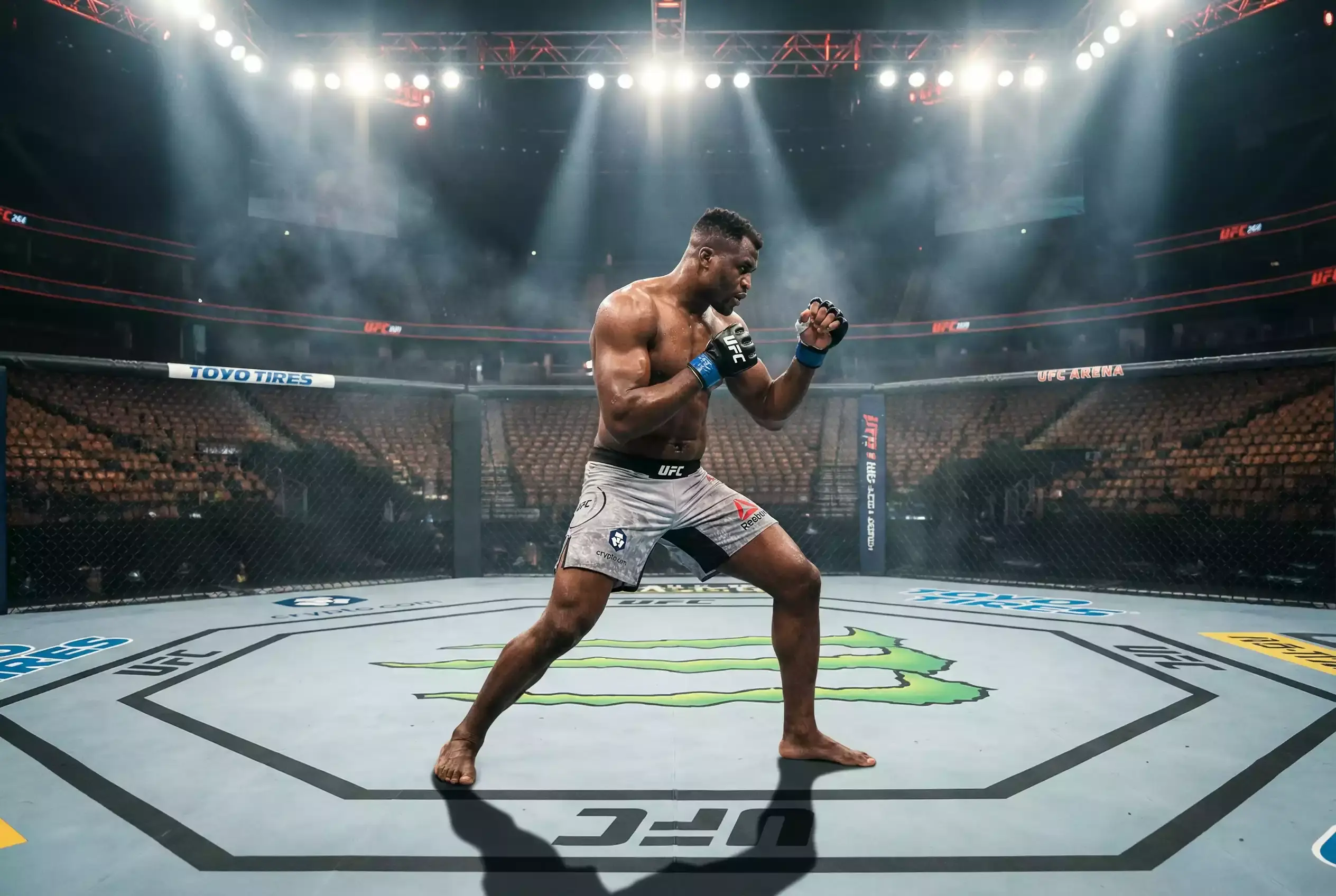 MMA-Kämpfer im Octagon unter Scheinwerferlicht