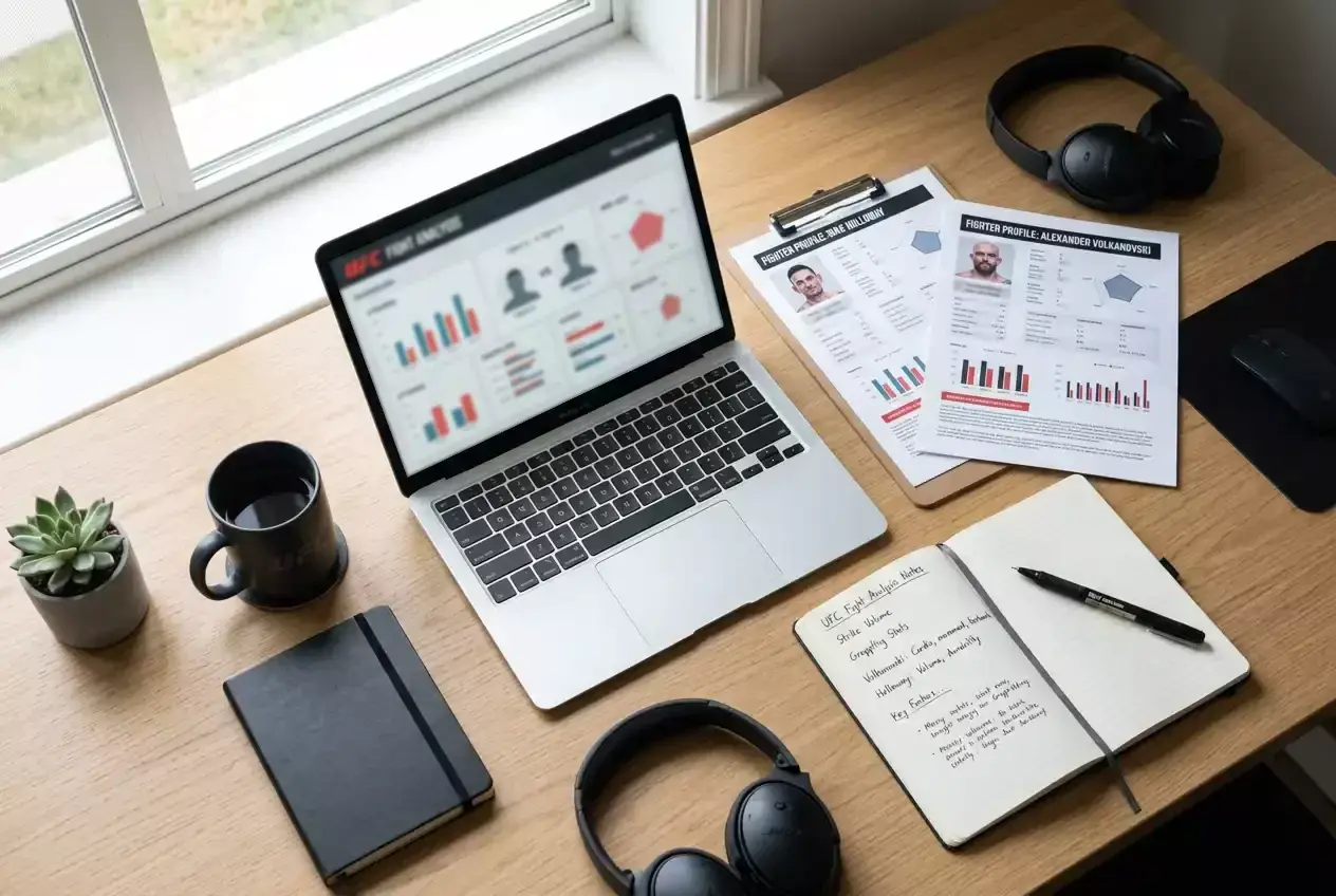 Arbeitsplatz für UFC Kämpferanalyse mit Statistiken und Notizen